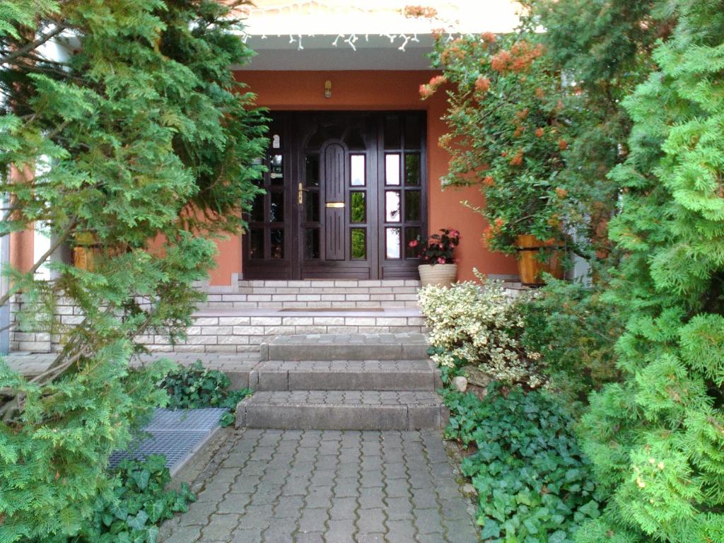 a front door of a house with plants and stairs at Zöld Sziget Vendégház in Eger