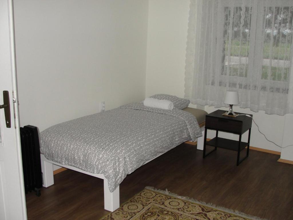 a bedroom with a bed and a table with a window at Coffeecamp-Kovilj in Kovilj