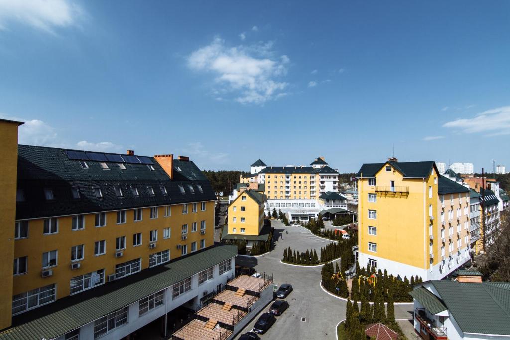 an aerial view of a city with buildings at Hotel Verhovina in Kyiv