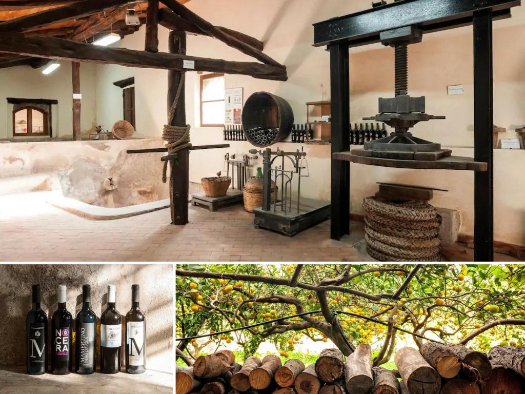 two pictures of a room with bottles of wine at Vasari in Santa Lucia del Mela