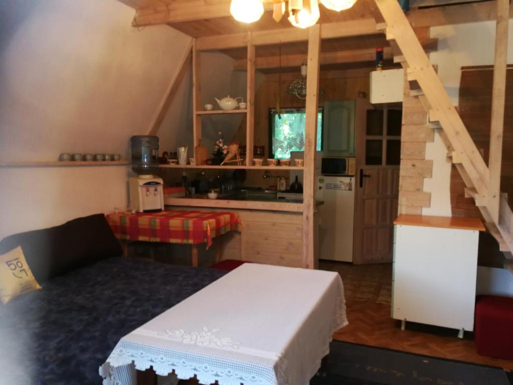 Il comprend un salon avec un lit et une cuisine. dans l'établissement Domek nad jeziorem, à Wielki Głęboczek