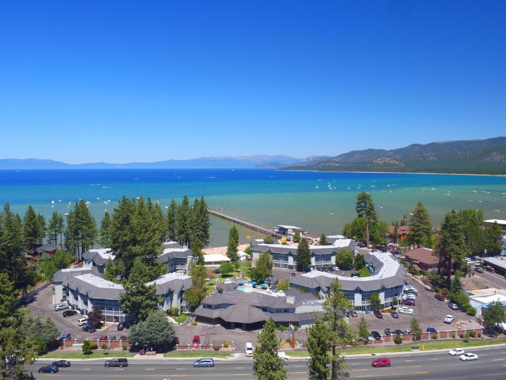 an aerial view of a resort with a lake at Beach Retreat & Lodge at Tahoe in South Lake Tahoe