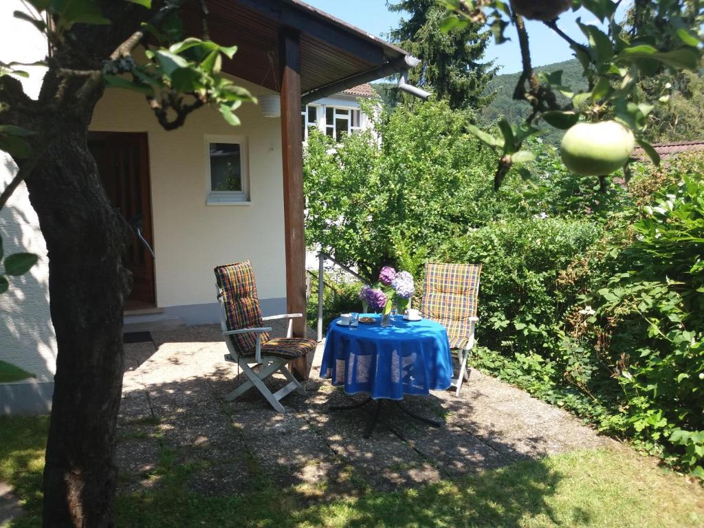 巴特埃姆斯的住宿－Ferienhaus Baederleiblick，一张桌子,上面有蓝色的桌布和两把椅子