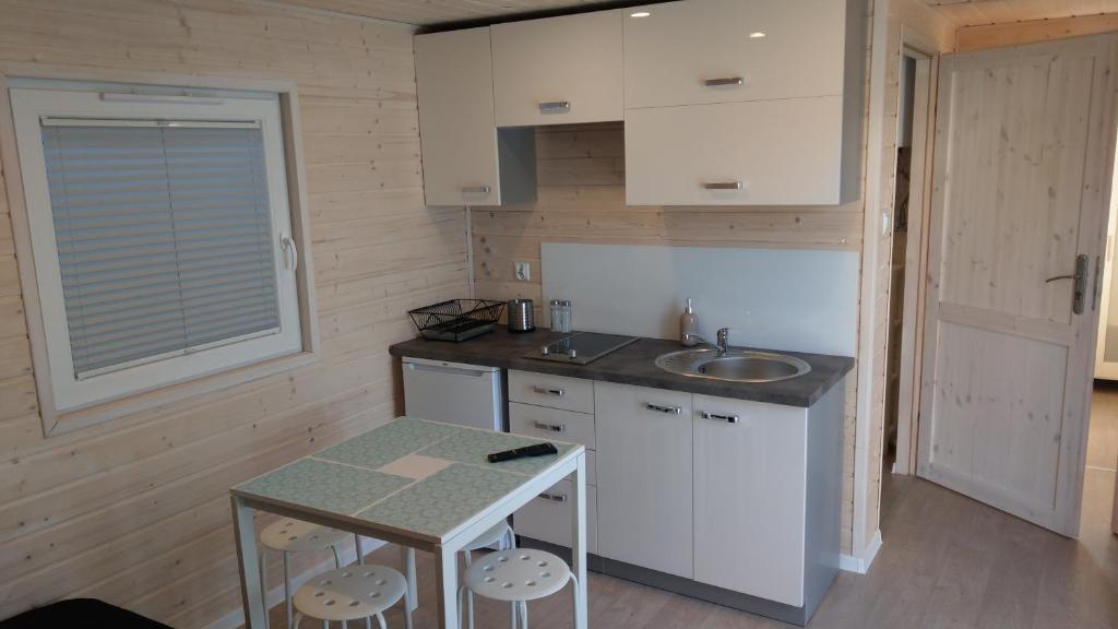 a small kitchen with a sink and a table at Kamień Bałtyku Rowy in Rowy