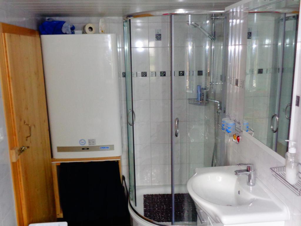 un bagno con doccia e lavandino di Haya a Naters
