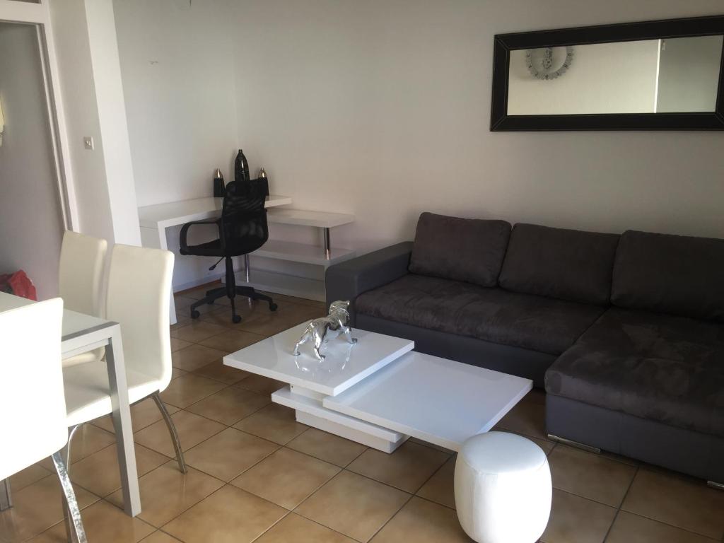 ein Wohnzimmer mit einem Sofa und einem Tisch in der Unterkunft Centre ville Colmar, parking in Colmar