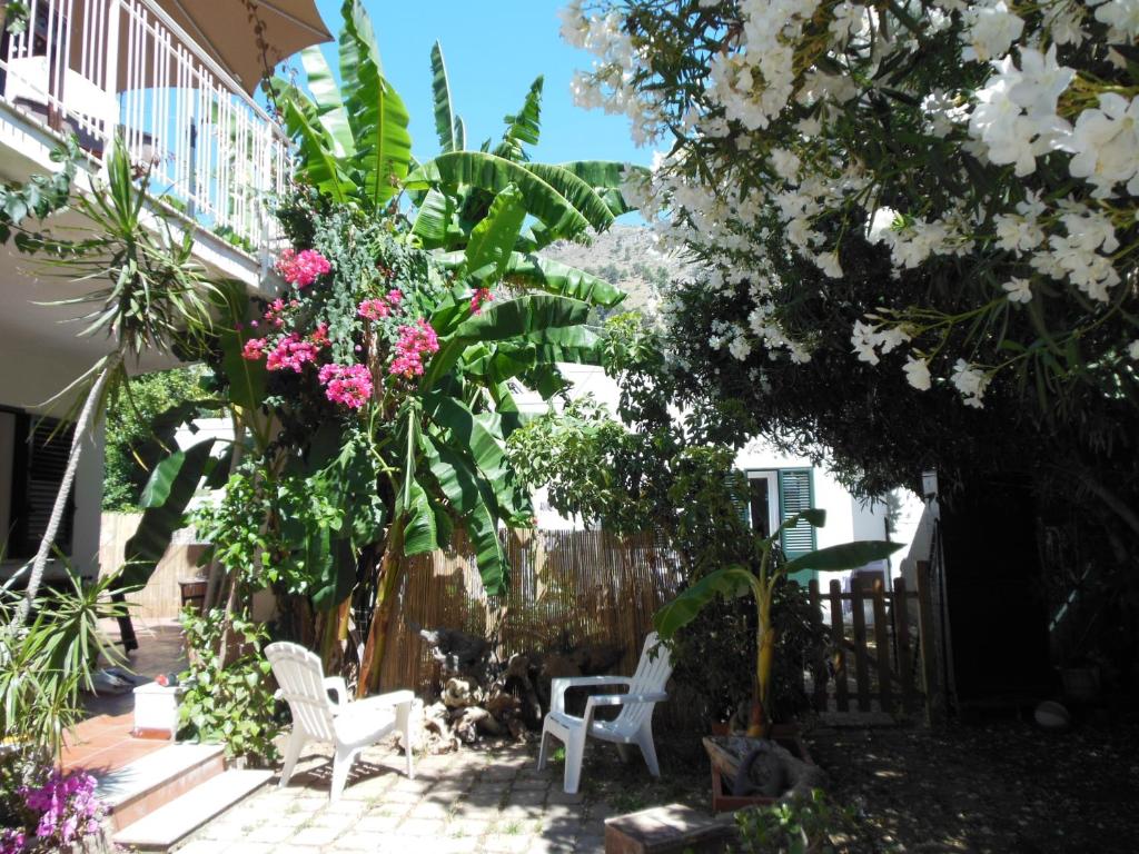 een patio met 2 witte stoelen en bloemen bij DaRiMaPa House in Mondello