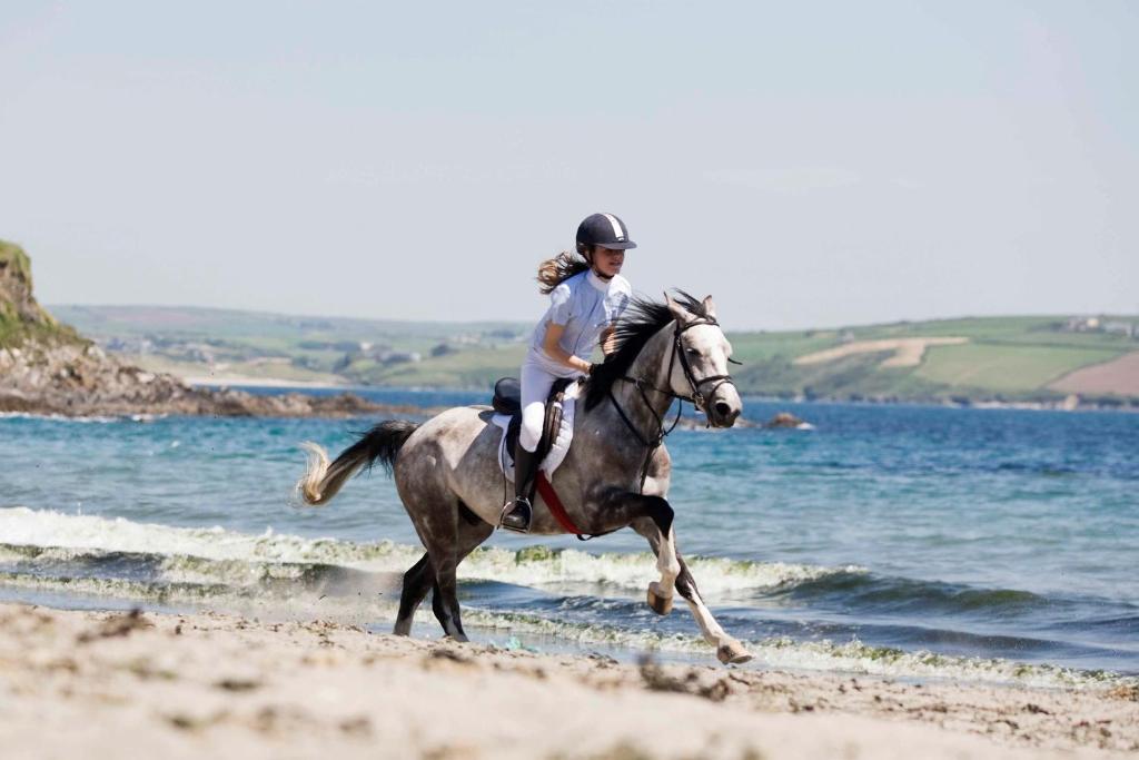 a woman riding a horse on the beach at Dunmore House Hotel in Clonakilty