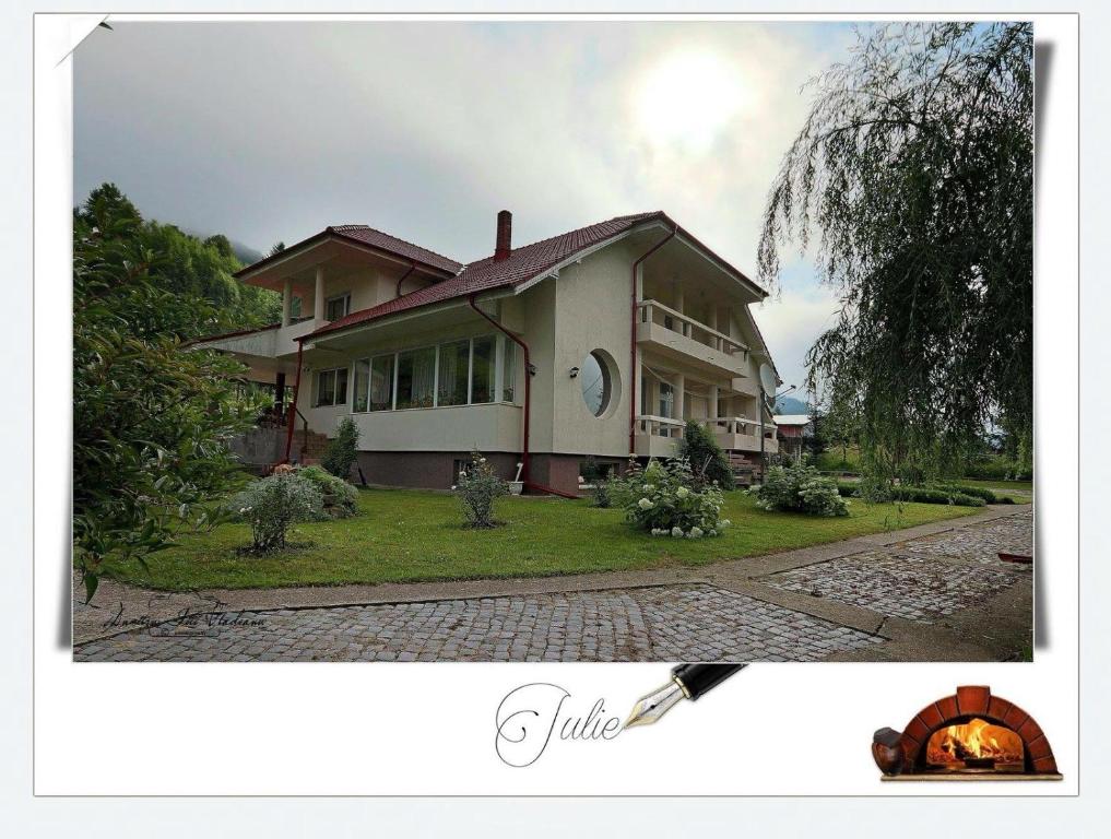 a house with a fireplace in front of it at Pensiunea Aurora Izvorul Muntelui in Bicaz