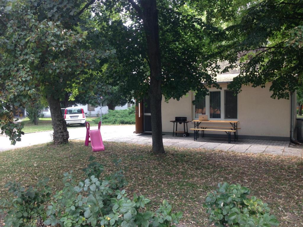 a yard with two pink slides in front of a house at Chata VI-MA in Patince