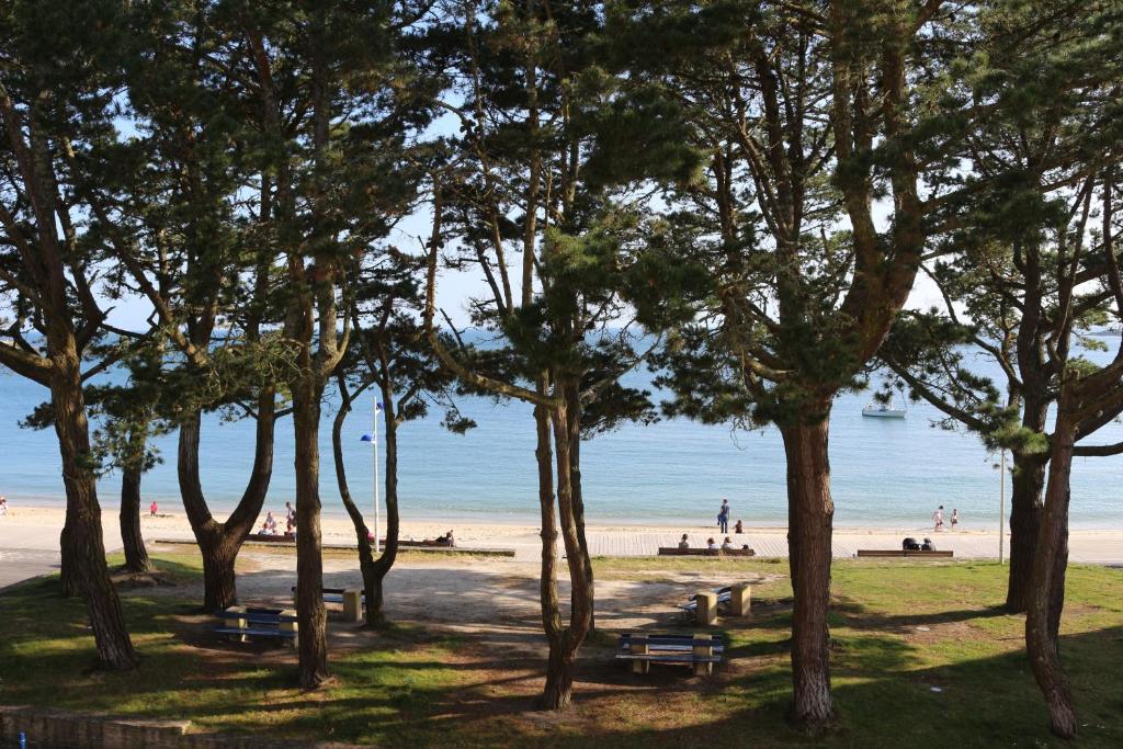 ベノデにあるTY TREZ Magnifique vue mer à Bénodet 10 Avenue de la Plage Résidence "Les Glénan"の海辺の人々と木々が生い茂る公園