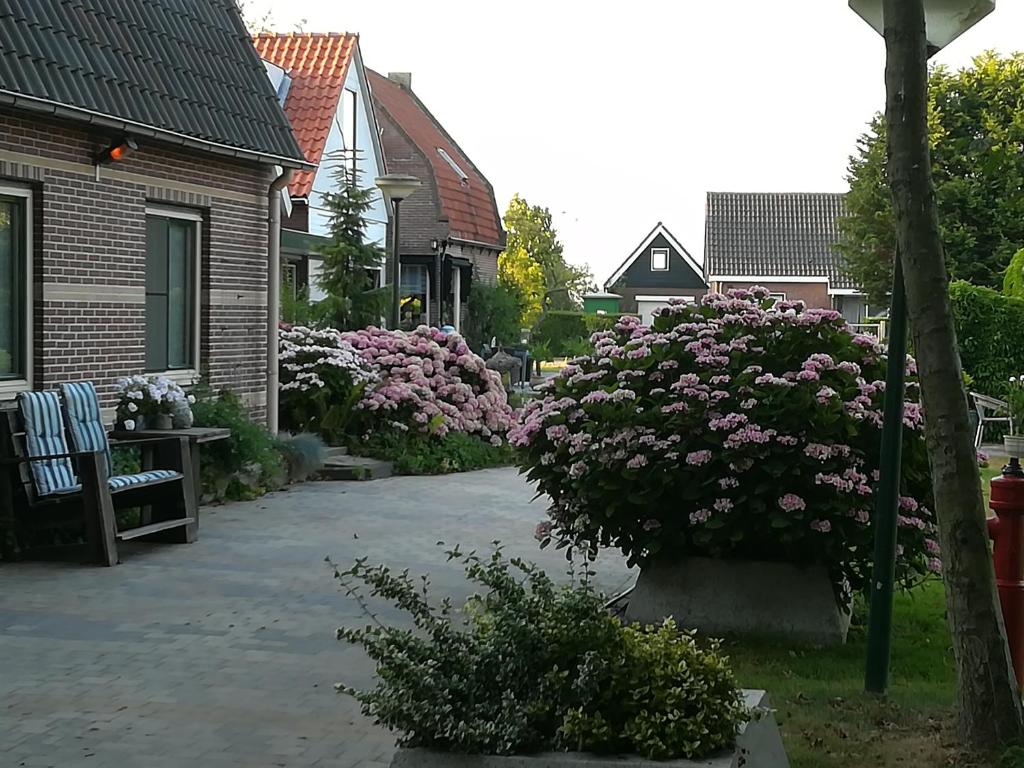 um jardim com flores cor-de-rosa e uma casa em Appartement De Molshoop II em Landsmeer