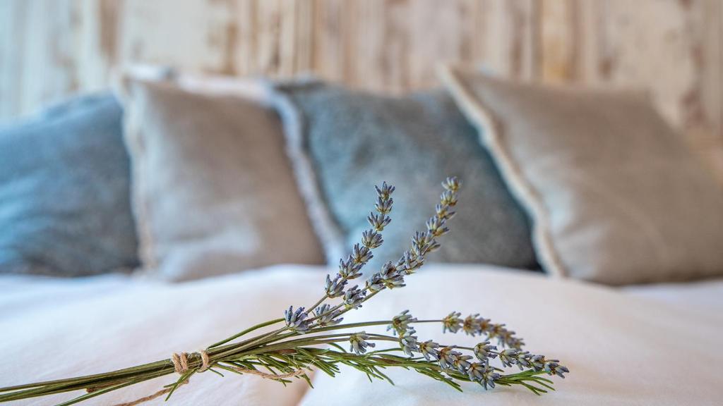 a bouquet of flowers sitting on a bed with pillows at LAAREIND Bed & Breakfast in Waalre