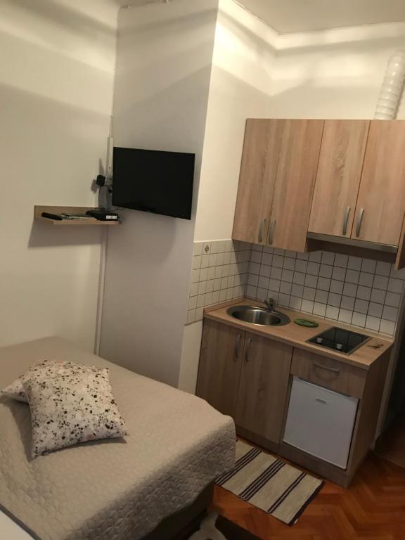 a small kitchen with a bed and a sink at Studio apartment Sisters3 in Ljubljana