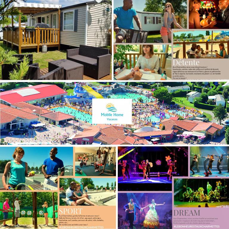 un collage de photos de personnes à la piscine dans l'établissement Camping Les Charmettes-Mobile Home Vacances, aux Mathes