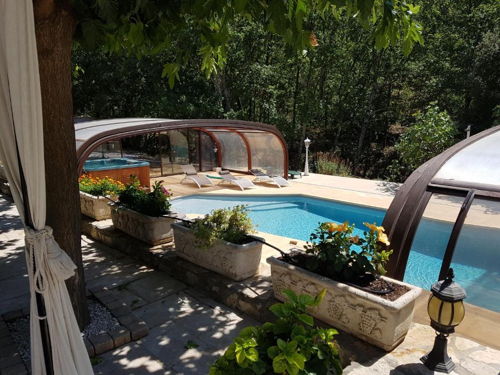 una piscina con piante in vaso accanto a una casa di Villa QUINISSOLE a Sainte-Anastasie-sur-Issole