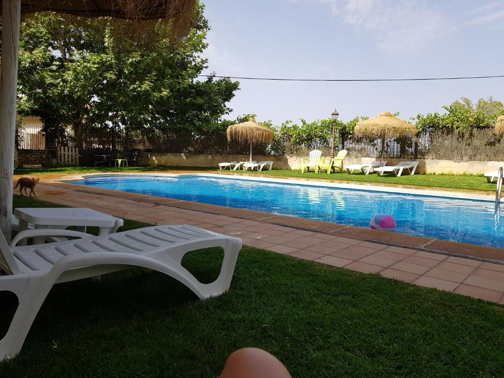 una piscina con tumbonas blancas y una piscina en La Aldea, en Alcaraz