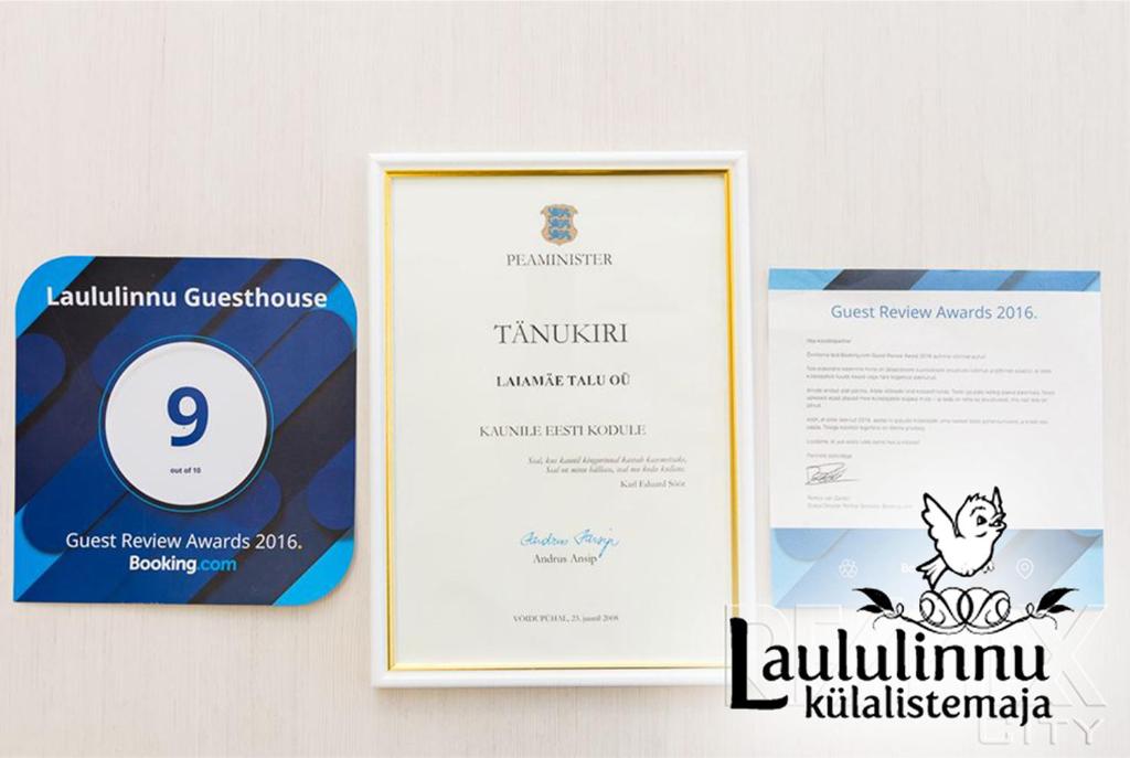 Certifikát, hodnocení, plakát nebo jiný dokument vystavený v ubytování Laululinnu Guesthouse