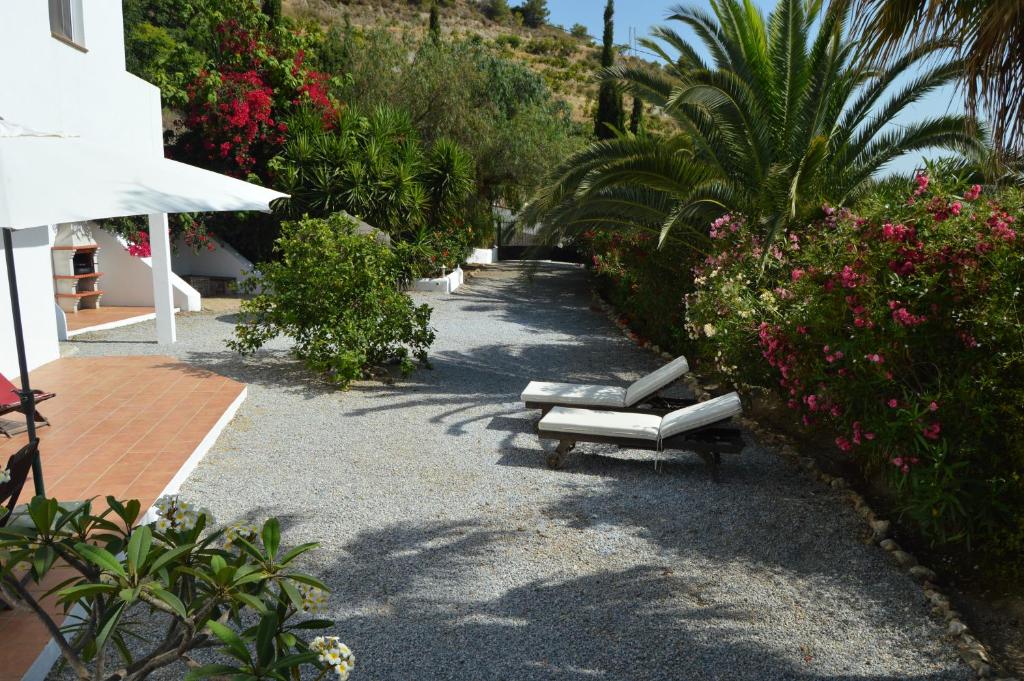 a pathway with two lounge chairs and some flowers at Casandalusí in Frigiliana