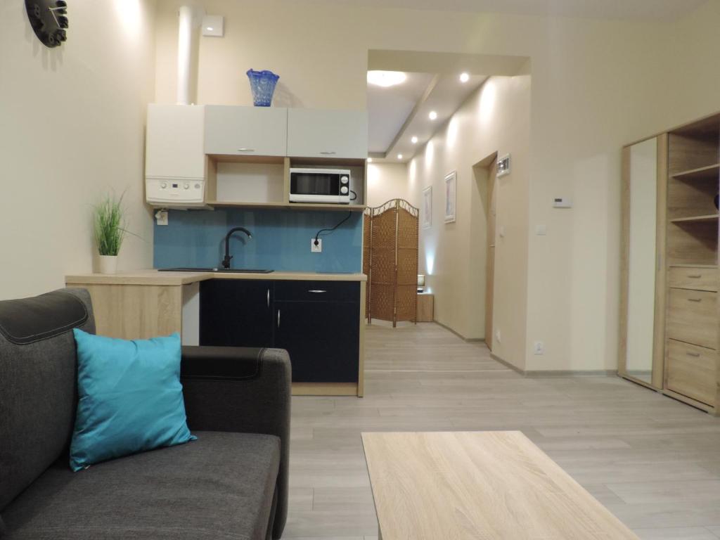 a living room with a couch and a kitchen at Apartament Blue in Krosno