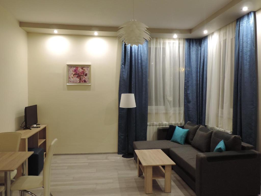 salon z kanapą i stołem w obiekcie Apartament Blue w Krośnie
