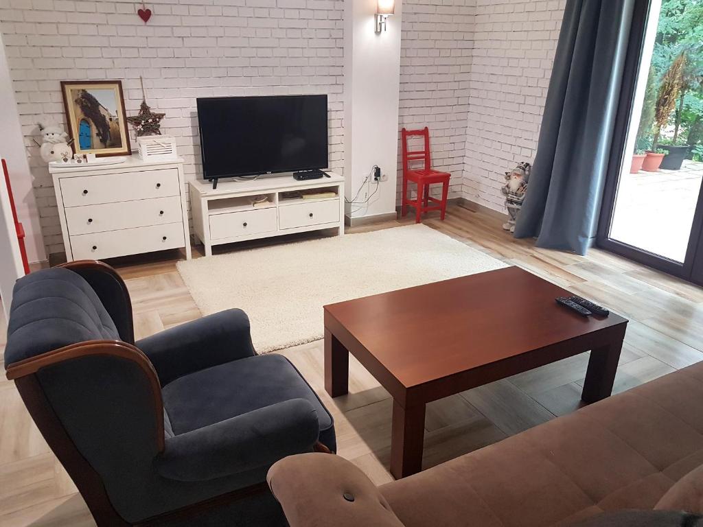 a living room with a couch and a tv at Apartmani Simić Valjevo in Valjevo