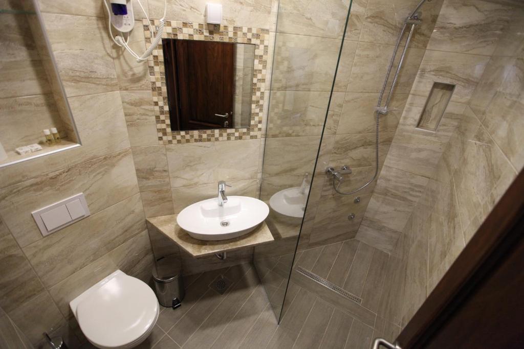 Koupelna v ubytování Apis Hotel