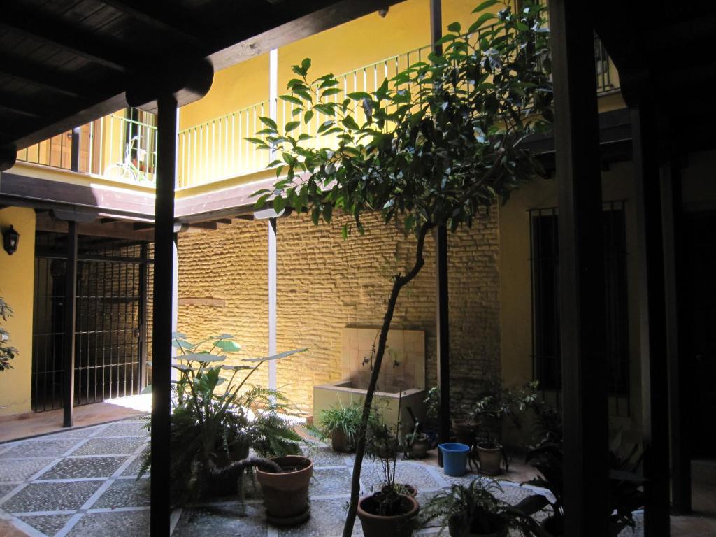 une cour avec des plantes en pot et un bâtiment dans l'établissement Apartamento céntrico Plaza del Salvador, à Séville