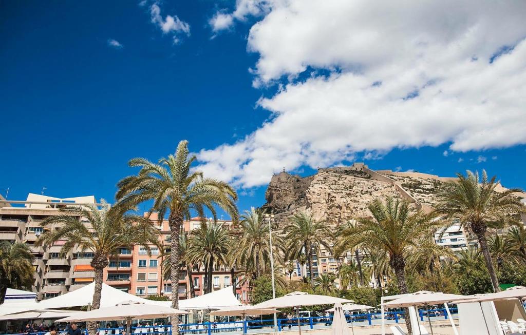 uma vista para um resort com palmeiras e uma montanha em Apartment near the beach em Alicante