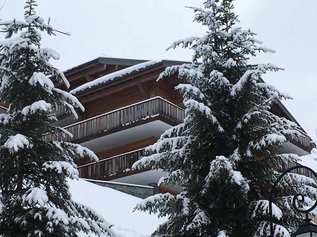 a house in the snow with snow covered trees at Les 4 Elements in Châtel
