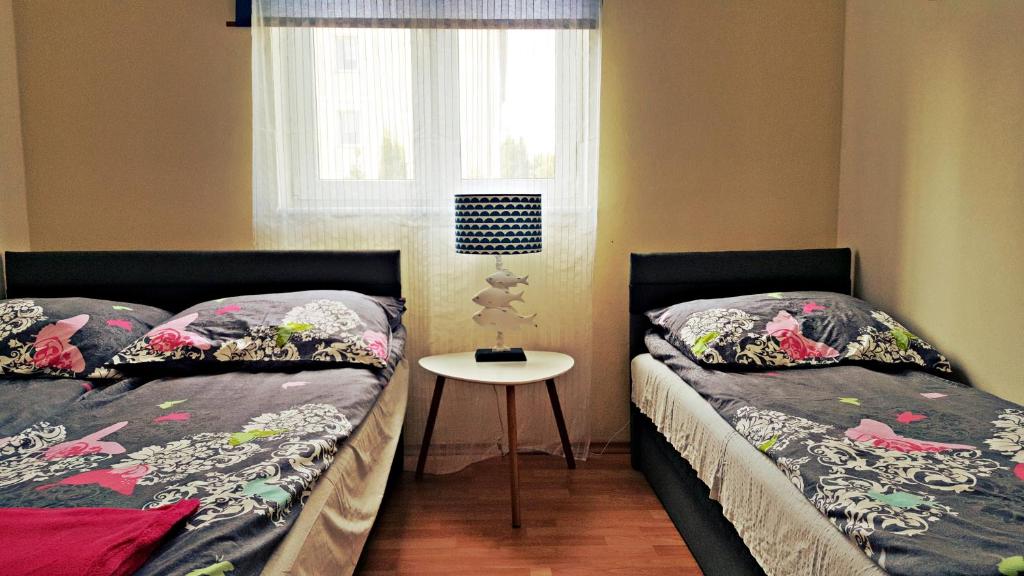 2 camas en una habitación con mesa y ventana en Słoneczny Brzeg en Rowy
