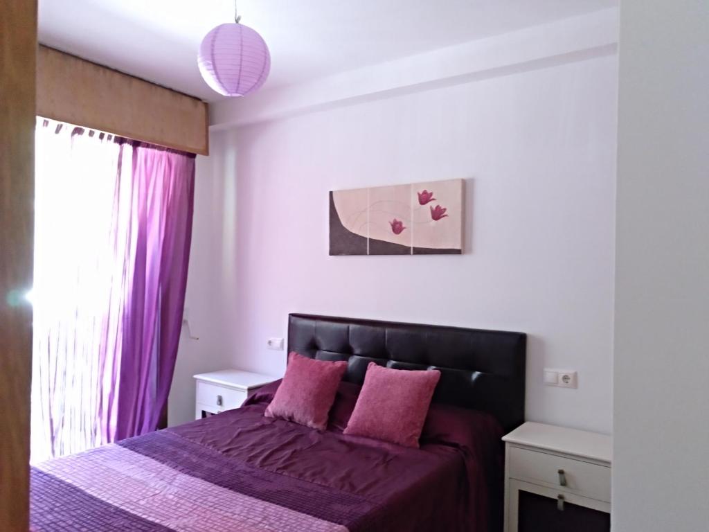 セデイラにあるPrecioso apartamento a pie de playaのピンクの枕が付いた紫色のベッドが備わるベッドルーム1室が備わります。