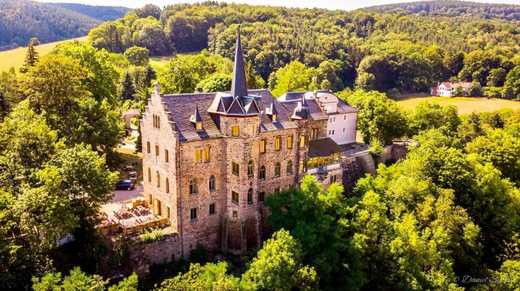 an aerial view of an old castle in the trees at Hotel & Restaurant Schloss Weißenburg in Uhlstädt