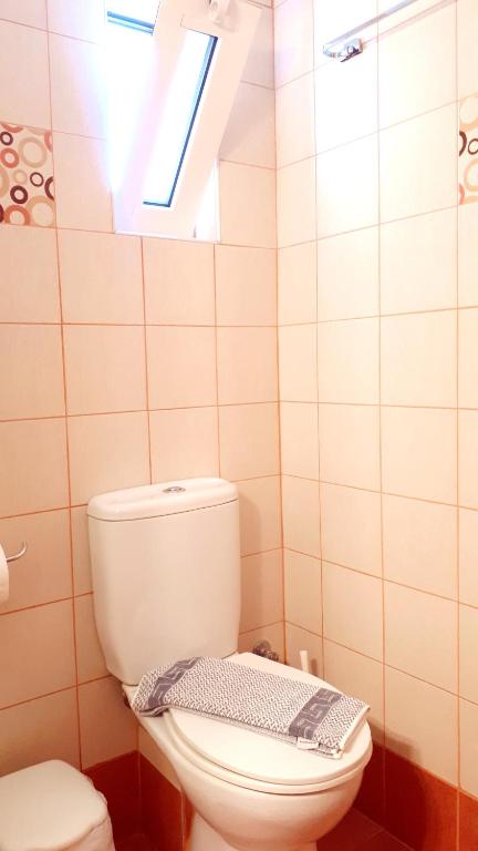 a bathroom with a white toilet with a skylight at Creta Spirit in Plakias