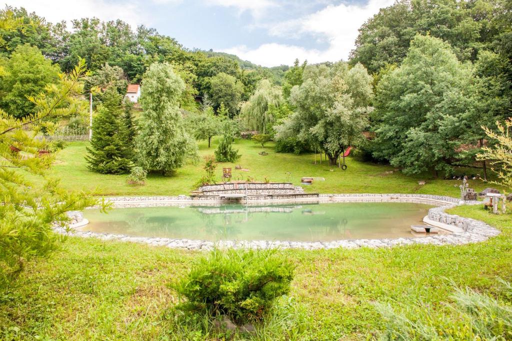 a pond in the middle of a field with trees at Country house with a pool in Medvednica Nature Park in Zagreb