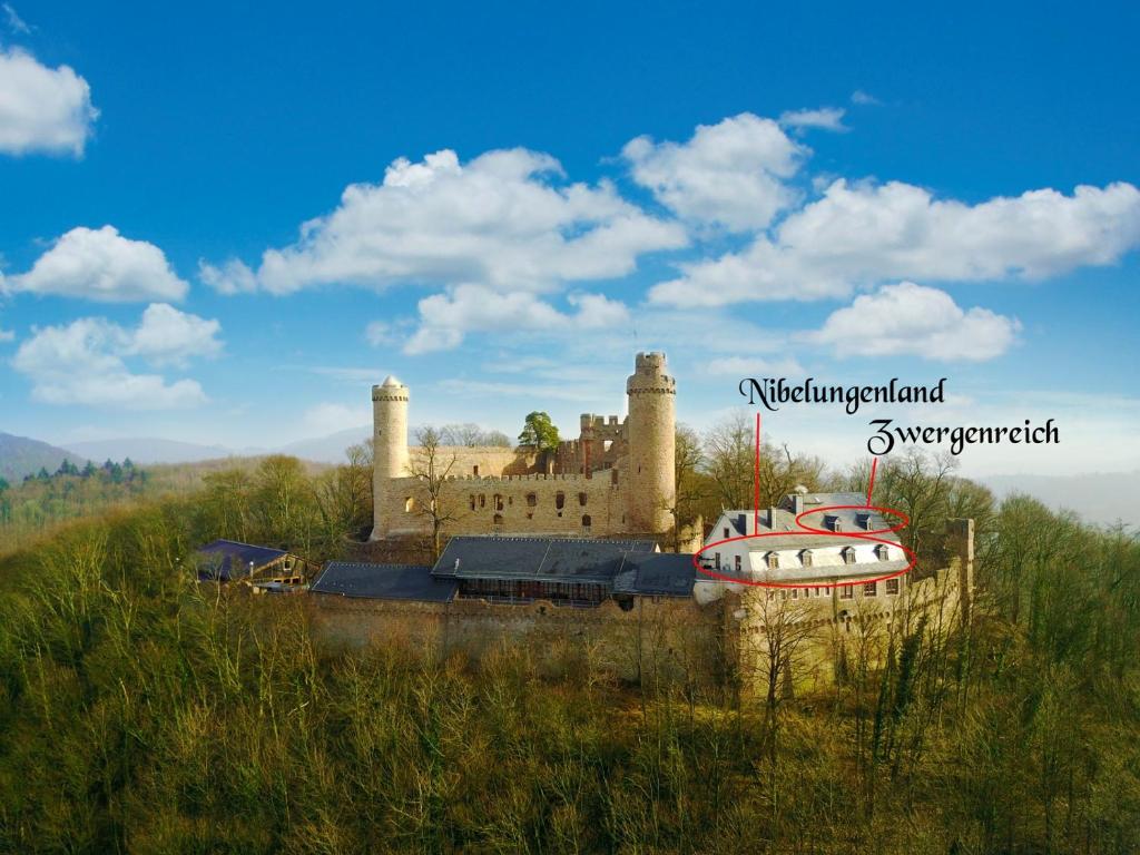 un château au milieu d'un champ herbeux dans l'établissement Schloß Auerbach Kleine Ferienwohnung, à Bensheim