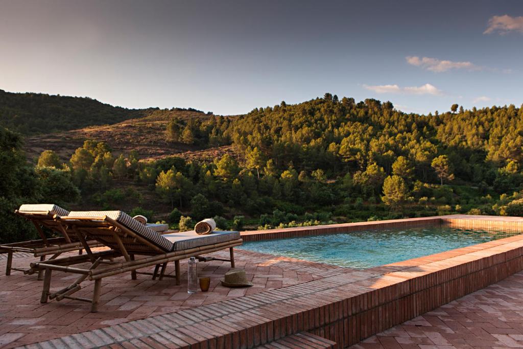 - une piscine avec une chaise longue à côté dans l'établissement Terra Dominicata - Hotel & Winery - Adults Only, à Escaladei