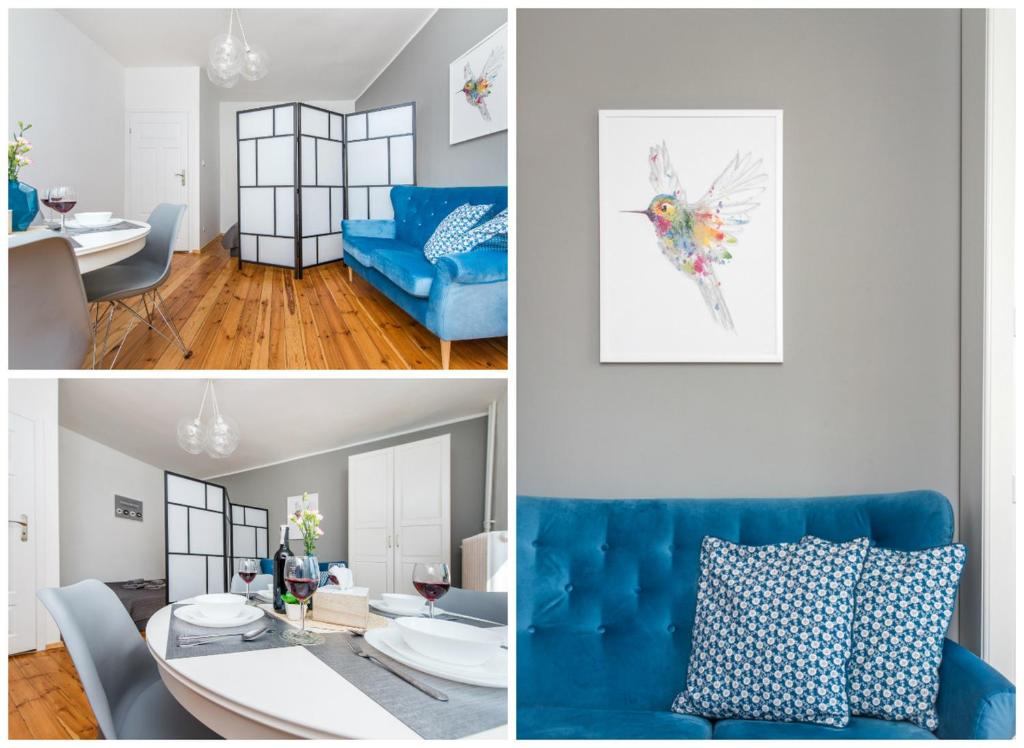 eine Collage mit Fotos mit einer blauen Couch und einem Zimmer in der Unterkunft Baszta Jacek Gdańsk in Danzig