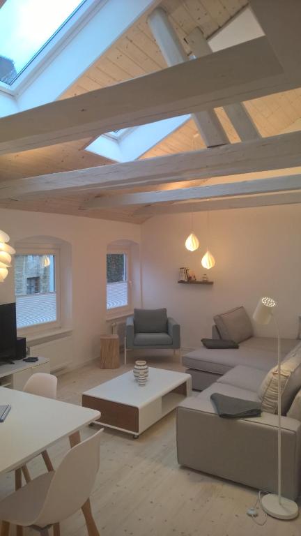 a living room with a skylight in the ceiling at Atelier im Huus Hillig-Geist in Flensburg