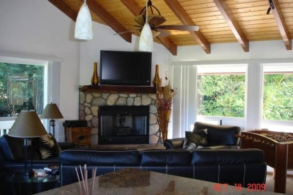 a living room with a couch and a fireplace at Bamboo Valley Inn in Haiku