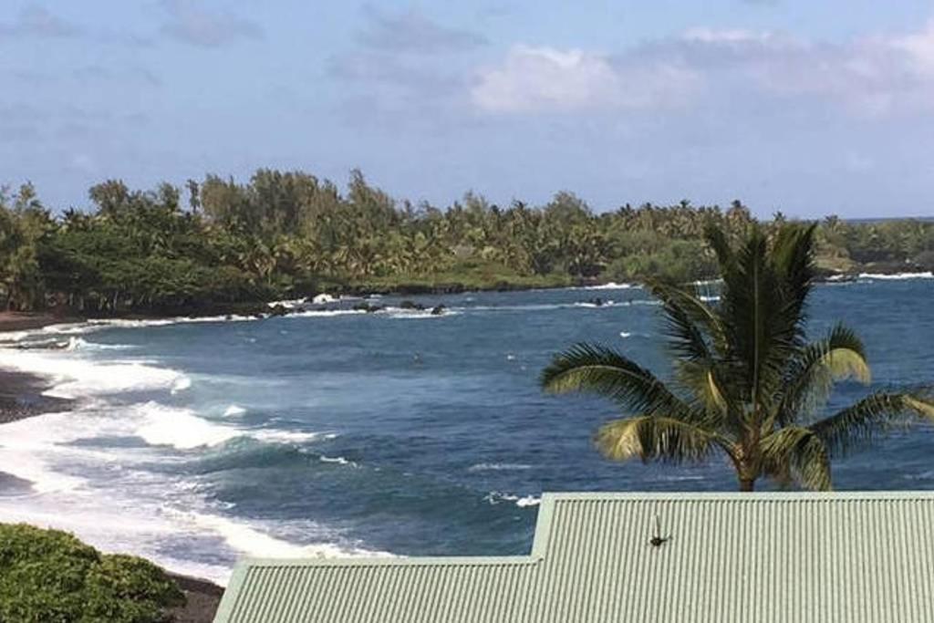 een uitzicht op een strand met een palmboom en de oceaan bij Kailani Suite at hana Kai Resort in Hana