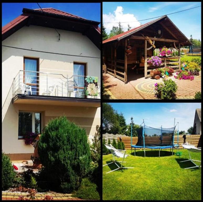 quattro foto diverse di una casa e di un giardino di Noclegi U Dyncyka a Krajno Pierwsze