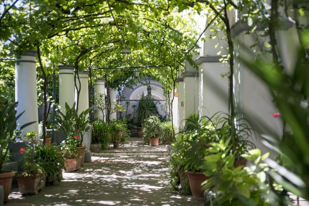 einen Gartenkorridor mit Topfpflanzen und einer Laube in der Unterkunft Elisir B&B in Anacapri