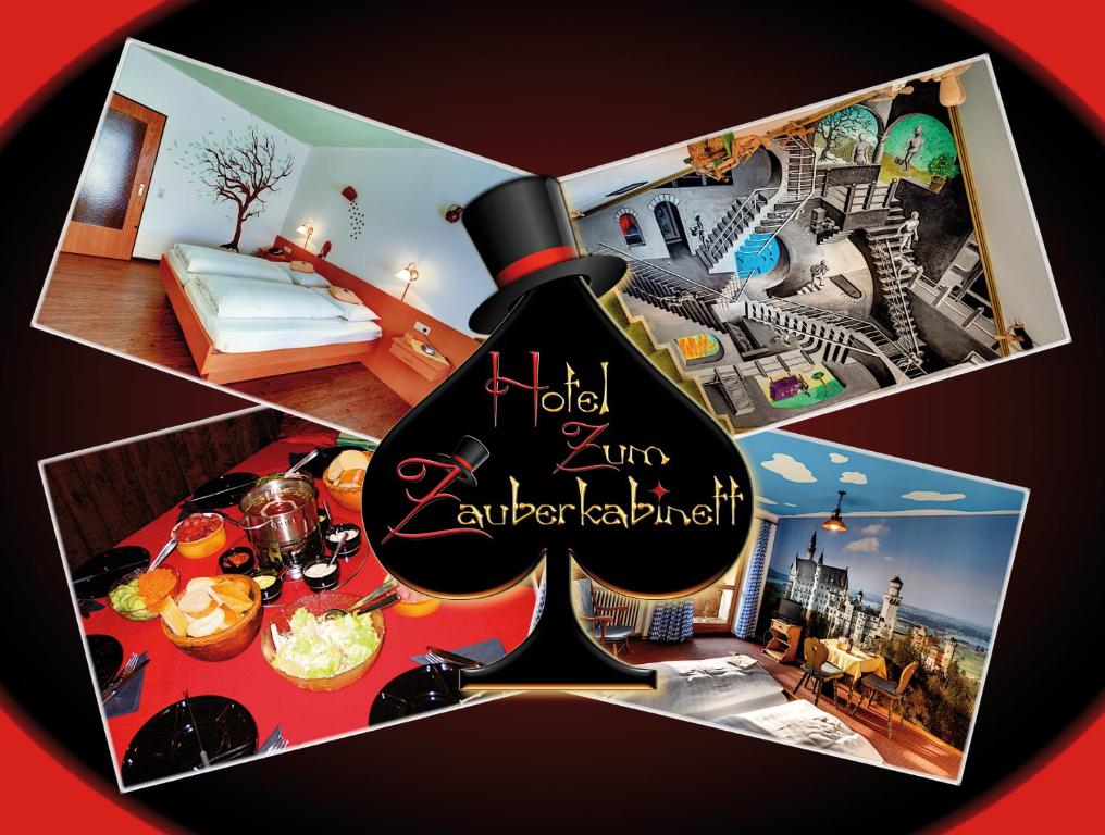 a collage of photos of a room with a bottle of wine at Hotel zum Zauberkabinett in Bad Heilbrunn