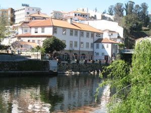 uitzicht op een rivier met huizen en gebouwen bij Hotel Rural Villa do Banho in Termas de Sao Pedro do Sul
