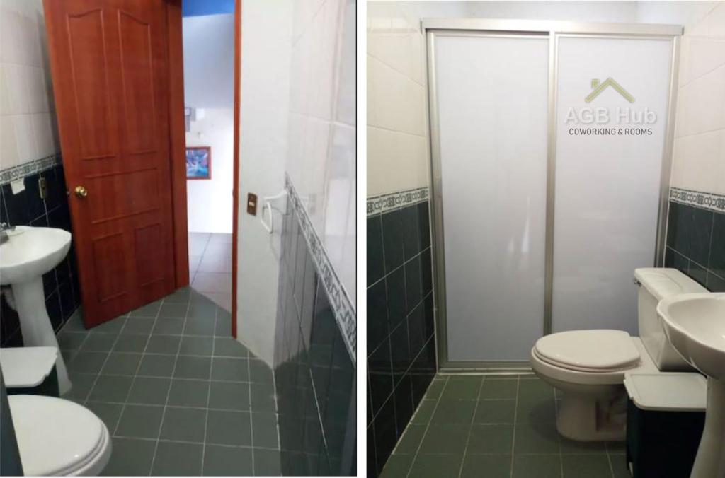 two images of a bathroom with a toilet and a sink at AGBHub Coworking & Rooms in Oaxaca City