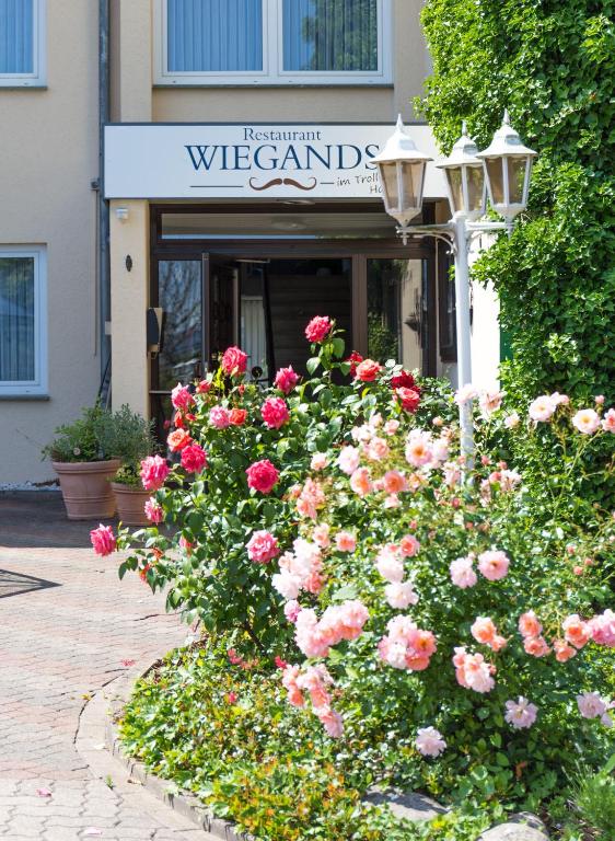 un montón de rosas rosas delante de una tienda en Trollinger Hof, en Bad Oeynhausen