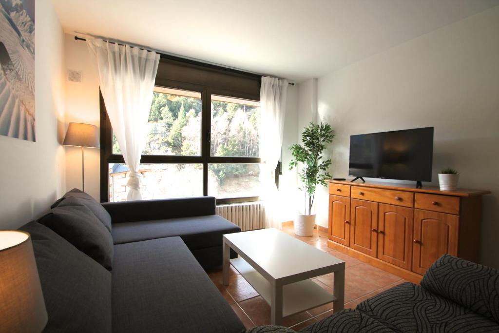 ein Wohnzimmer mit einem Sofa und einem großen Fenster in der Unterkunft Pont de Toneta 3,4 Ransol, Zona Grandvalira in Ransol