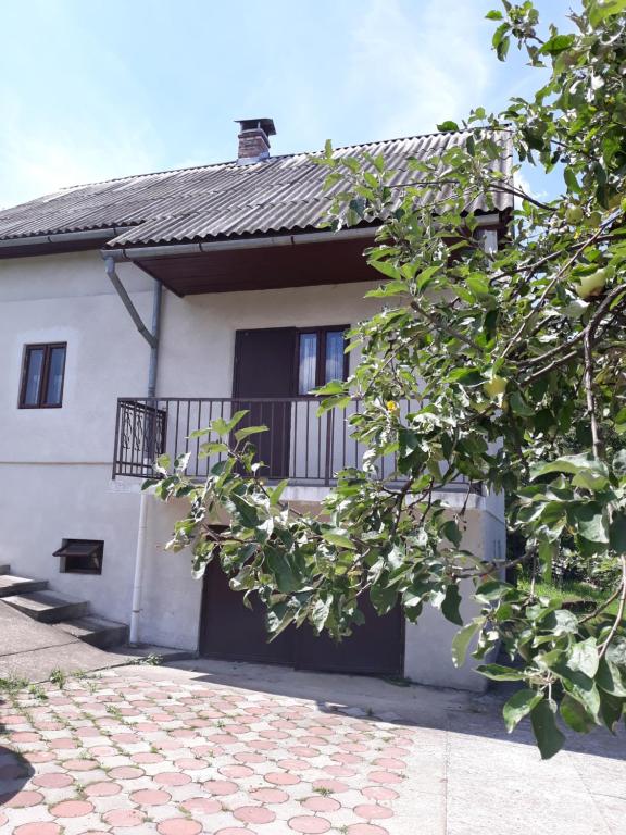 a white house with a black door and a balcony at Котедж "Лісовий затишок" in Glubokoye