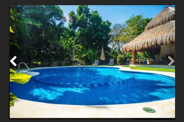 a large blue swimming pool next to a hut at Villa Ikal in Playa del Carmen